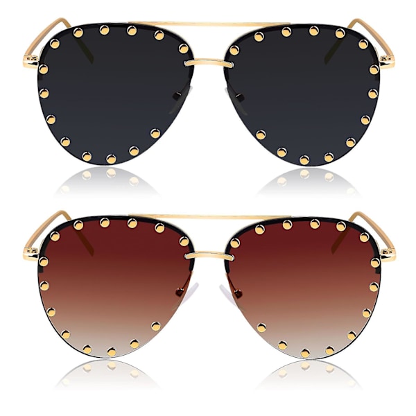 2 stk. Kvinde Rimless Oversized Studded Solbriller Gradient Linse Nitte Mode