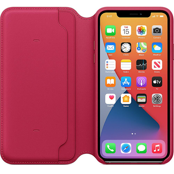 Apple skinnfolio for iphone 11 pro max - påfugl/bringebær Peacock