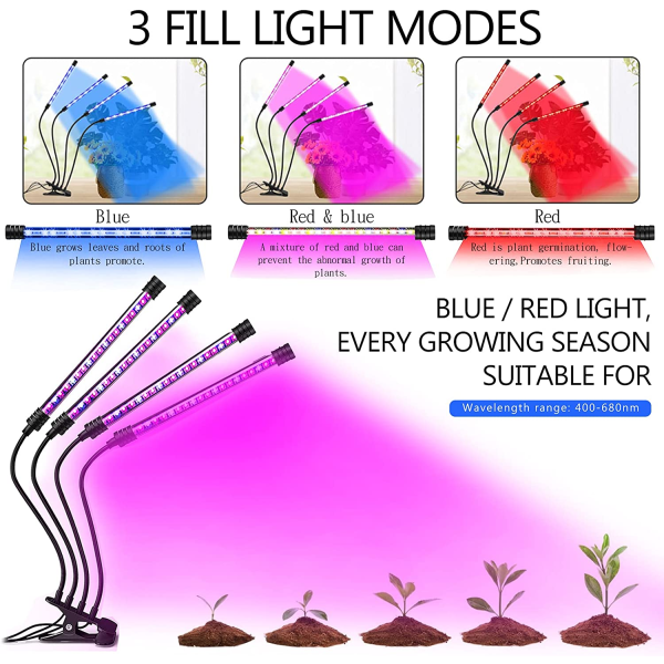 4-hodet LED-vekstlys med USB-lading, 360° dimbar, auto