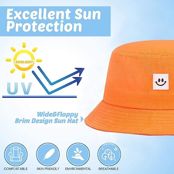 Solhatt for barn med smilende ansikt, bøttehatt for jenter og gutter, sommer solbeskyttelse bomull U orange