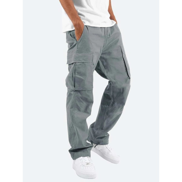 Menn Comfy Workwear Bomull Lin Multi-pocket Casual Løs Baggy Long Cargo Pants Grey 4XL