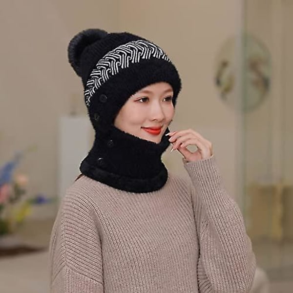 Fleecevuorattu naisten pipo neulottu hattu talvella tuulenpitävä lämmin huivi yksiosainen hattu E