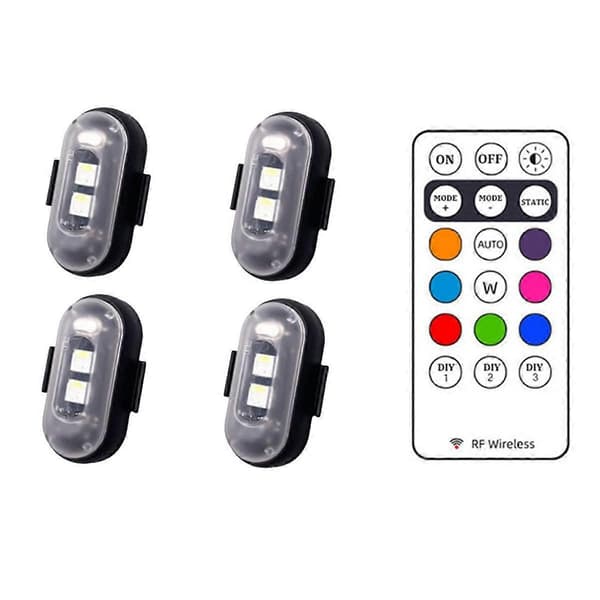 4 stk. Motorcykel LED Advarselslys Universal Mini Blinklys Drone med Controller Strobelys 8 Farveindikator