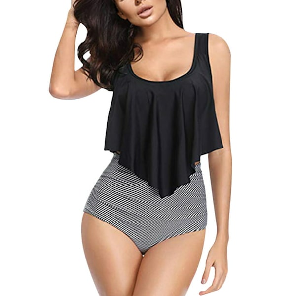 Kvinnors baddräkt 2-delad bikini set hög midja bikini set vadderad volang remmar baddräkter set för kvinnor Black XL