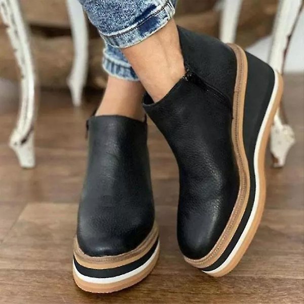 Premium Kilehælede Ankelstøvler i Ensfarvet Design til Kvinder - Rundtået Fodtøj - Wedges - Casual Sko - Fashionable Black 41