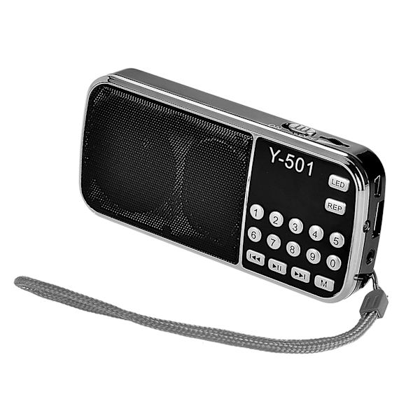 Y-501 Mini FM-radio, digitaalinen kannettava 3 W:n stereokaiutin, MP3-audiosoitin, korkea äänenlaatu, 0,75 tuuman näyttö, LED-taskulamppu, tuki