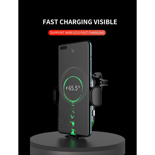 Trådløs bil lader montering, 15W Qi hurtiglading, automatisk klemmende bil lader iPhone Samsung, montering frontrute dashbord luftventil bil telefon lader, svart