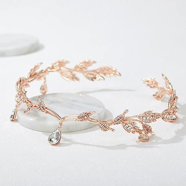 Rhinestone Leaf Häätiara Panta Morsiamille, Ruusukullan Väri