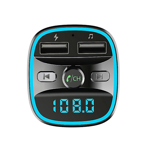 Bluetooth FM-sender til bil, blå omgivende ringlys trådløs radiobilmodtageradapterkit med håndfri opkald, dobbelt USB-oplader 5v/2