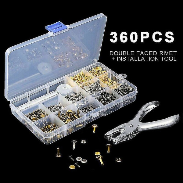 Lädernit Dubbel Lock Metall Nitar Fästverktyg Håltång Kit.(silver+guld)(360st)