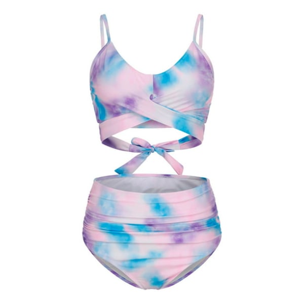 Kvinder Criss Cross Højtaljede String Blomstertrykt 2-delt Top Tie B B001 tie-dye purple S