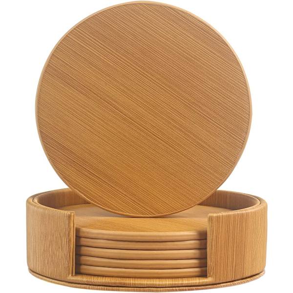 Juomien aluslautaset 6 kappaleen nahka-aluslautasen setti pidikkeellä, bambukuvioiset pyöreät aluslautat kodin ja keittiön käyttöön bamboo pattern