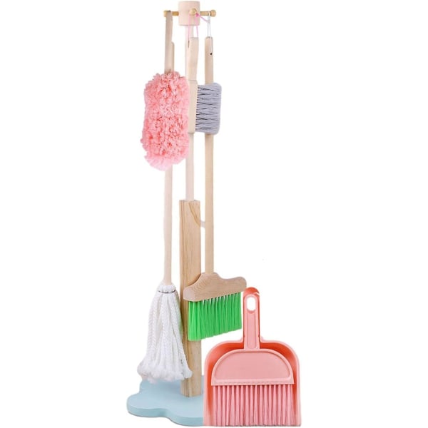 Set i trä - Löstagbart rengöringsverktyg inkluderar kvast, mopp, små hushållsartiklar i barnstorlek, låtsasgåva för hushållet Pojkar Flickor