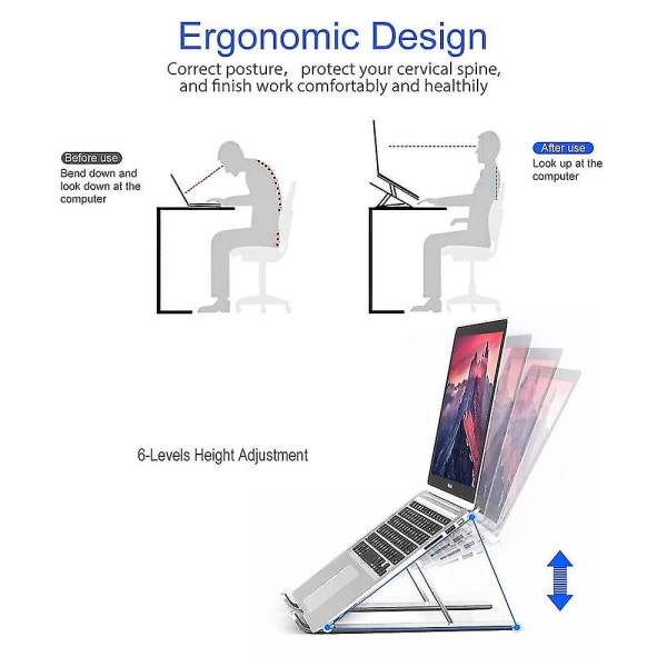 Bærbar computer stand, aluminium bærbar computer stand, højdejusterbar foldbar stand (sølv)