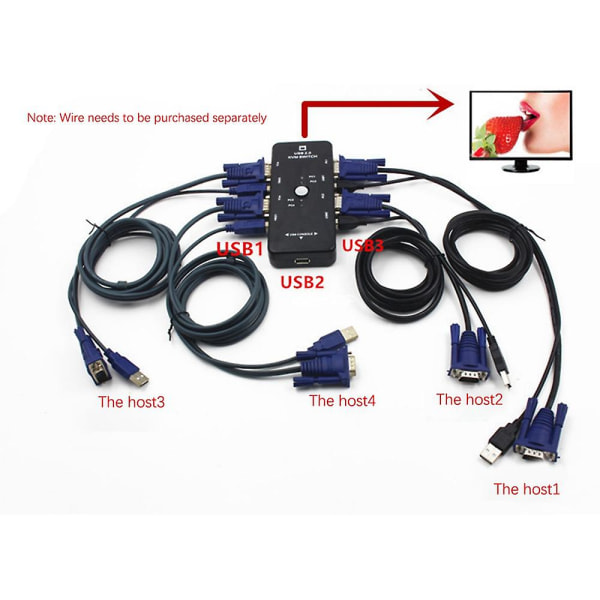 One For Four 4 Port USB 2.0 KVM-kytkin + 4 KVM-kaapelia Näppäimistö Näyttö VGA SVGA PC Kannettava Tietokone