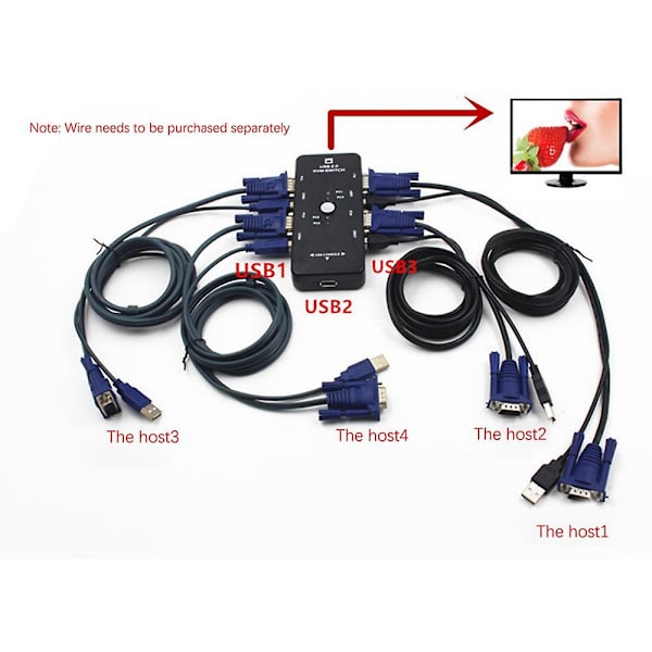 One For Four 4-ports USB 2.0 KVM-switch + 4 KVM-kablar Tangentbord Skärm VGA SVGA PC Bärbar dator
