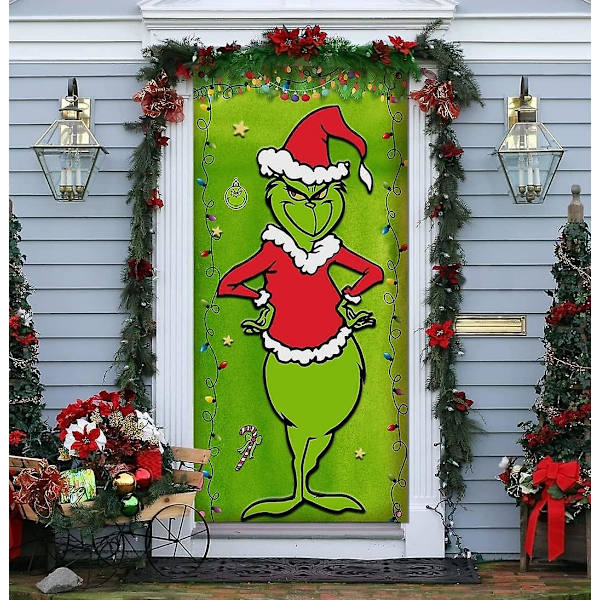 Grinch Jule Dør Cover Dekorationer Grinch Grøn Baggrund Glædelig Jul Veranda Skilt Til Indendørs Udendørs Hoveddør Festartikler