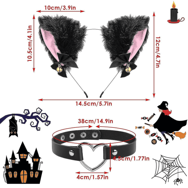 Katteøre Hovedbånd Med Klokke Hjerte Choker Halskæde Pige Plys Pels Katteøre Hårbånd Til Halloween Cosplay Fest