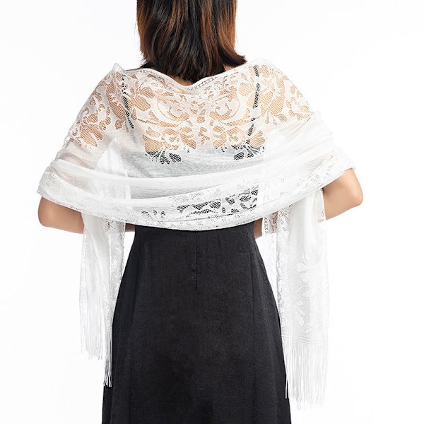 Kvinnors Boho Spets Sjal Med Tofs Mjuk Frans Wraps För Bröllop Kväll P White