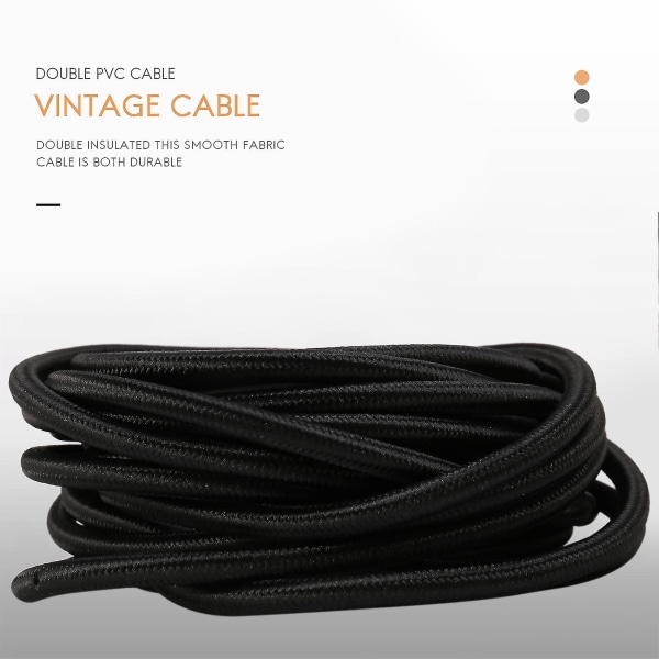 Vintage flätad 2-kärnig tygbelysning Flex kabelsladd, svart 5 meter