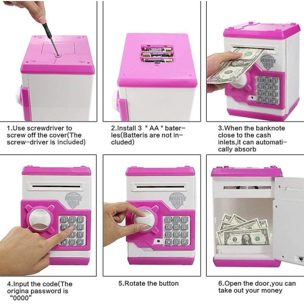 Elektroninen säästöpossu automaattisella raharullalla, minipankkiautomaatin tallelokero, rahaa säästävä lelu lapsille, syntymäpäivän joululahja pojille ja tytöille (vaaleanpunainen)
