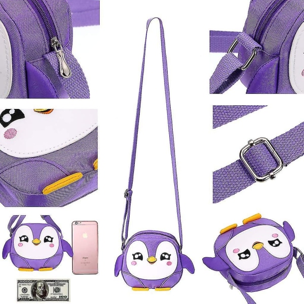Lille pigepung Små strømper Stopning Børn Håndtaske med en skulder Messenger-taske med lynlås (lilla pingvin