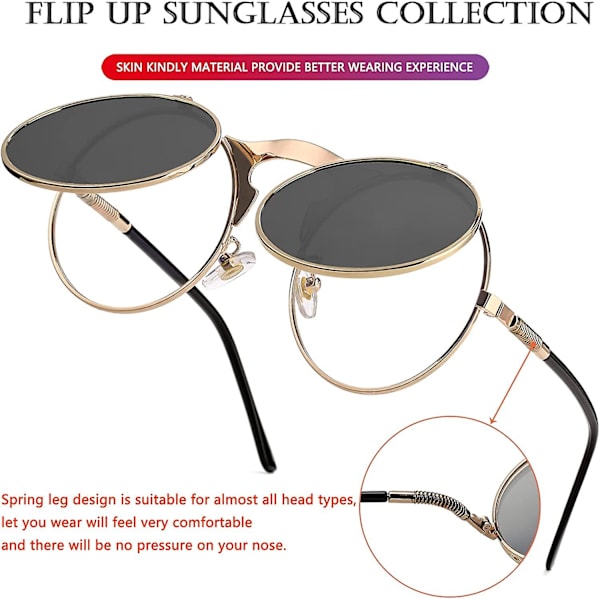 Pyöreät kääntyvät aurinkolasit miehille ja naisille - John Lennon -lasit 90-luvun retro steampunk -tyyli A1 Gold-Grey