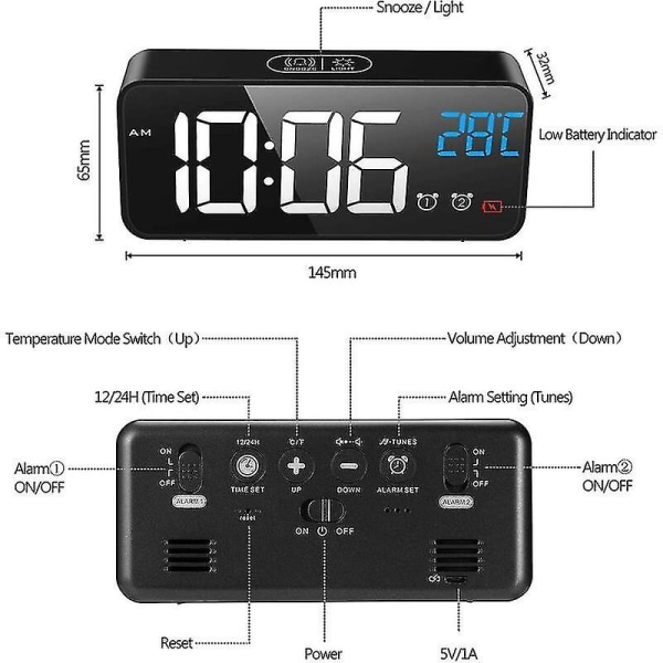 Digital väckarklocka med LED-spegelskärm - 2 alarm, justerbar ljusstyrka och ljudaktivering