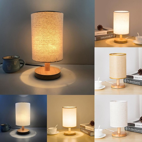 Lampe med træbase og stofskærm til soveværelse, stue, stemningslys, natbord