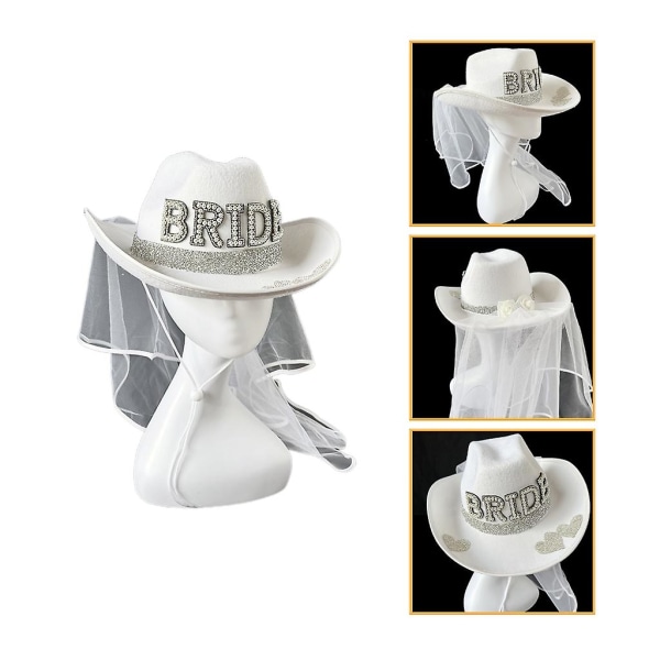 Pearl Bride Letter Cowboy Hat med Hvid Slør til Bryllupsceremoni Cowgirl Hat