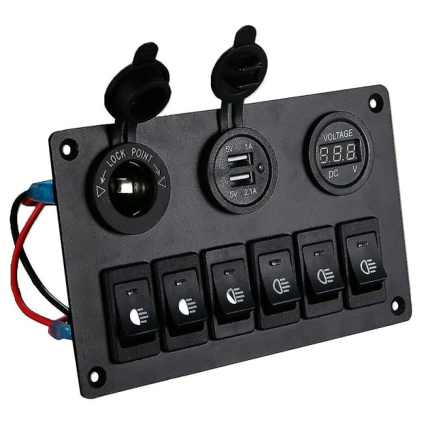 6 Gangs S-panel med 12v-24v LED digital voltmätare Dual USB Charr-uttag för husbil lastbil