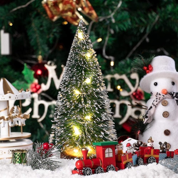 Mini desktop juletræer, 6 stk frostede sisal træer med træbund, flaske børste træer julebord træer kompatible med boligindretning (grøn)