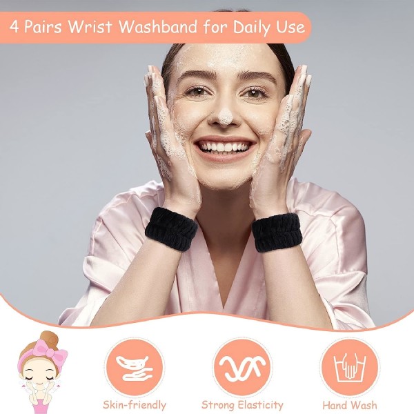 4 par håndledd spa-vaskebånd Mikrofiber ansiktsvask Håndklestropper Håndleddstropper Strekkbare svettebånd for kvinner for å forhindre væskesøl (svart, multif.