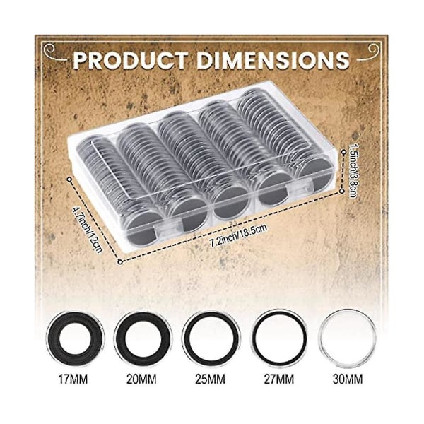 300 stk 30 mm myntkapsler med svart beskyttelsespakning skum 5 størrelser (17/19/21,5/25/27/30mm) myntholder
