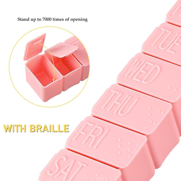 7 päivän pillerirasia Braille-kirjoituksella, vaaleanpunainen