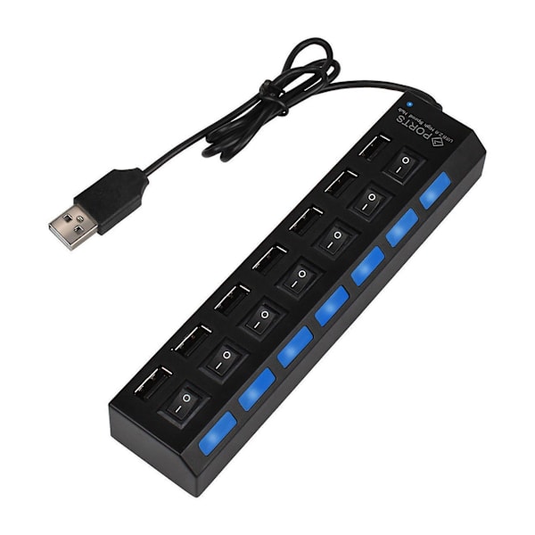 7-portars USB 2.0 höghastighetsströmbrytare på/av-hubbadapter för dator bärbar dator svart