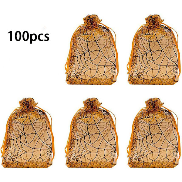 100 kpl Organza-pusseja Vetoketjullinen Musta Hämähäkinverkko Pakkauspusseja Joulumakeiset Korupussit (Oranssit Hämähäkit)