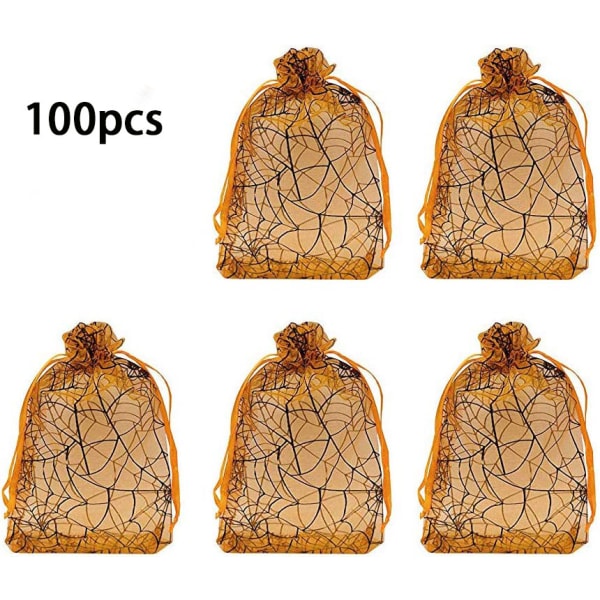 100pcs Organza Bags Pullable Black Spider Web Packaging Bags Christmas Candy Jewelry Bags (Orange Spidery)