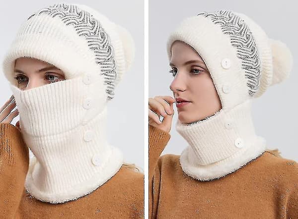 Dam 1-delad lös ullmössa halsduk mask varm vinter stickad mössa