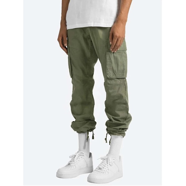 Herr Bekväma Arbetskläder Bomull Linne Multificka Casual Lös Baggy Långa Cargobyxor Green 4XL
