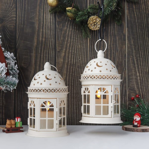 Sæt med 2 dekorative lanterner 21 cm høj vintage stil vedhæng metal lysestager til indendørs og udendørs begivenheder fest og bryllup (hvid)