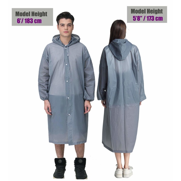 Regnfrakk, [2 pakke] Bærbare EVA-regnfrakker Gjenbrukbare regnponcho med hette og elastiske mansjetter, grå