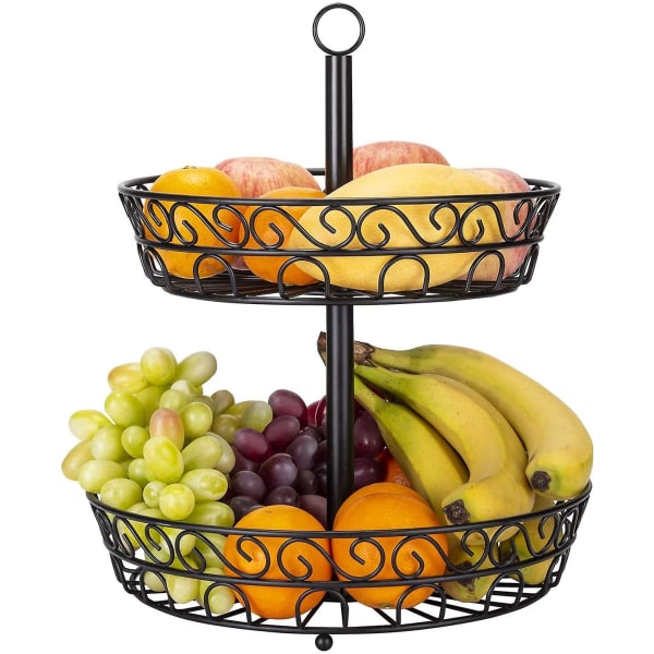 2-trins frugtskål, bordplade metal frugtkurv, sort vintage stil
