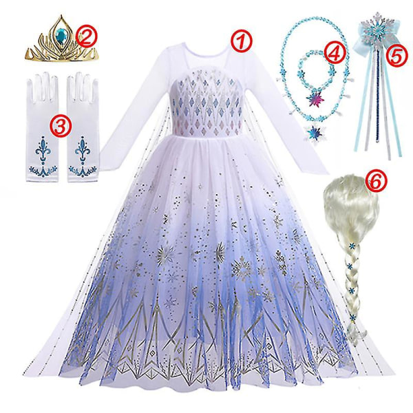 Elsa prinsessekjole til jente Høy kvalitet hvit paljettnetting ballkjole karnevalsklær Barn cosplay Snow Queen Frozen 2 kostyme