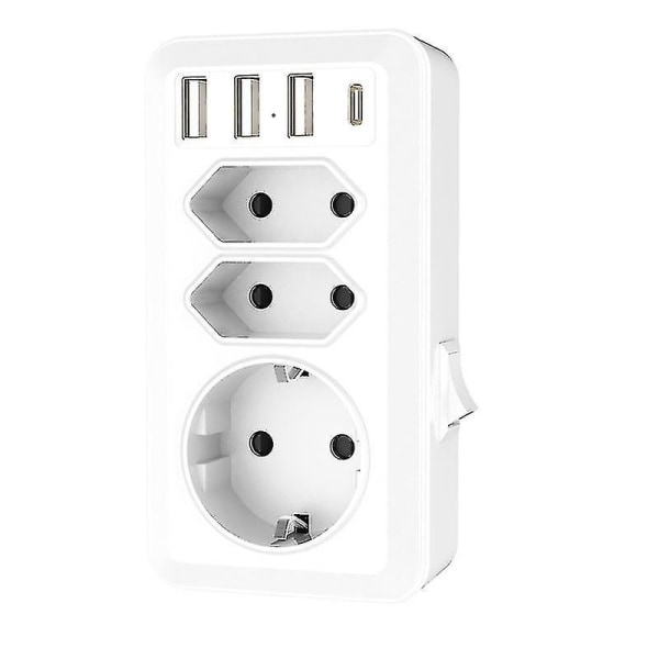 Usb-stikkontakt, 7-i-1 multistikkontakt med 3 USB- og 1 type-c-port, 3-vejs stikkontaktadapter med USB-oplader (2 eurostik og 1 schukostik)