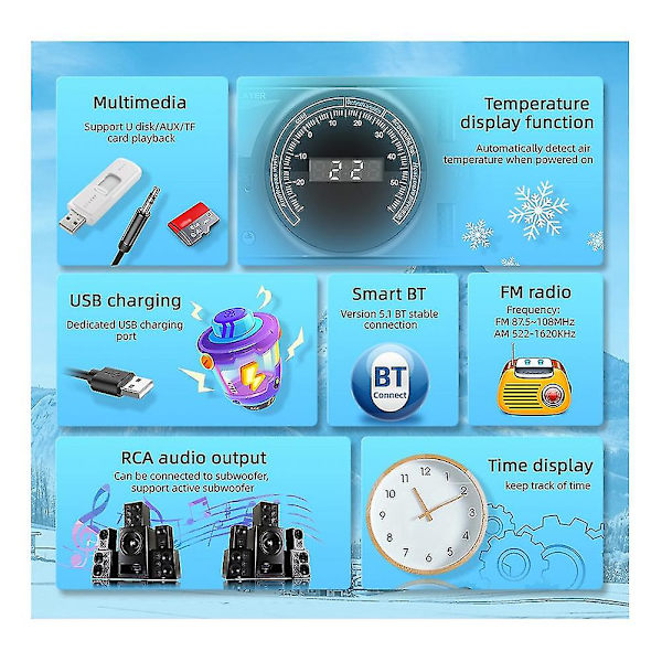 1din bilstereo Mp3-afspiller i instrumentbræt bilradio Bluetooth Usb/ Aux indgangsopladning med ur og temperatur
