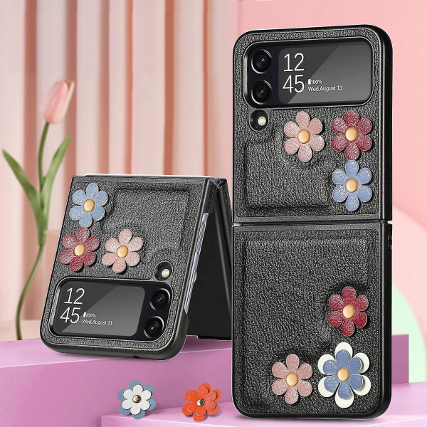 Läder 3d Broderi Blommor Slim Hård Halkfri Fodral Kompatibel Samsung Galaxy Z Flip 4 5g Black