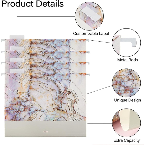 12-pack hängande mappar Arkivskåp Organizer Bokstavsstorlek 1/5 snitt Justerbara flikar Dekorativt för hemmakontor Skola klassrum, marmor