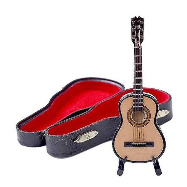 Mini miniatyr trä trä akustisk gitarr musikinstrument hem samling med case för hem (1 st, gul)
