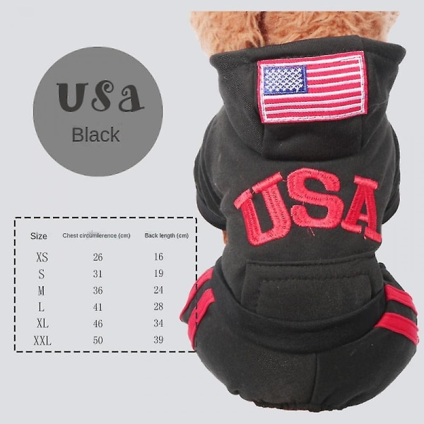 Hundetøj Vinter Lille Hund Firebenet Tøj Teddy Bull Bichon Med Hætte USA Tide Tøj (Sort, XL)